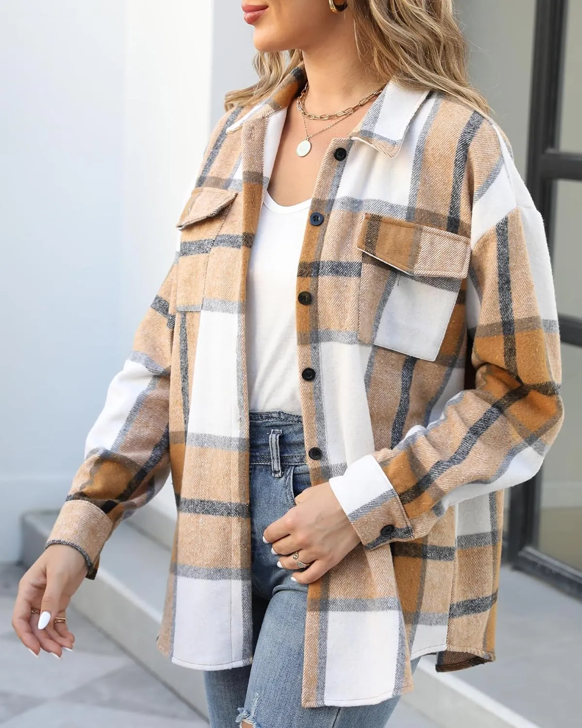 Blansdi Womens Flannel Shacket Plaid Long Sleeve Button Down Flannel Shirts Jacket Fall Winter Spring Outfits