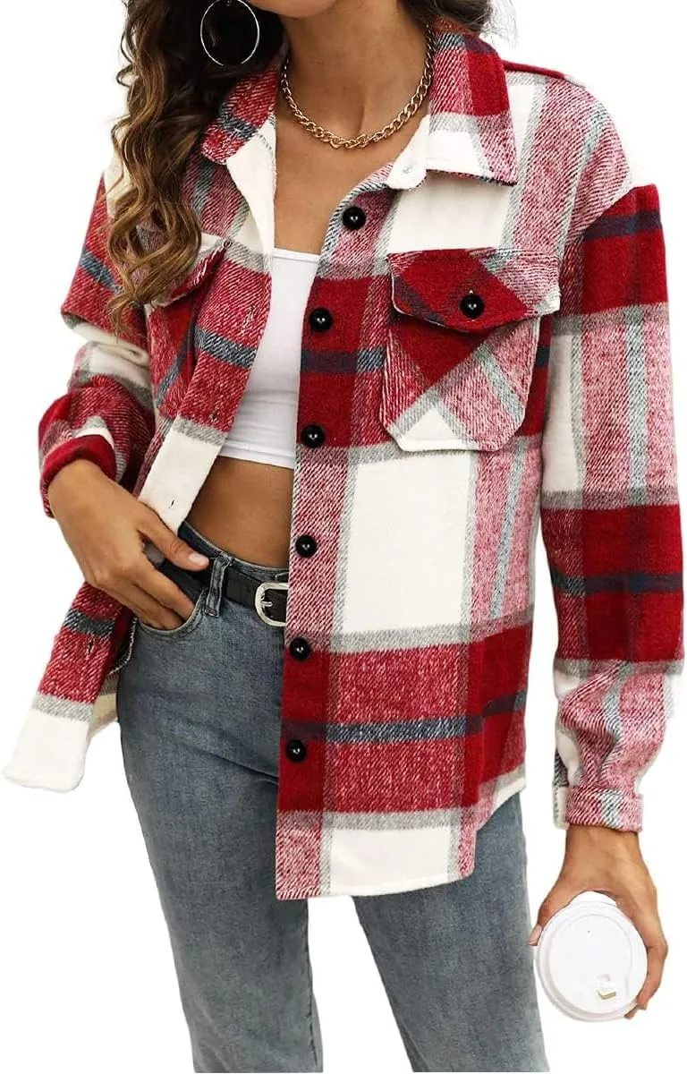 Blansdi Womens Flannel Shacket Plaid Long Sleeve Button Down Flannel Shirts Jacket Fall Winter Spring Outfits