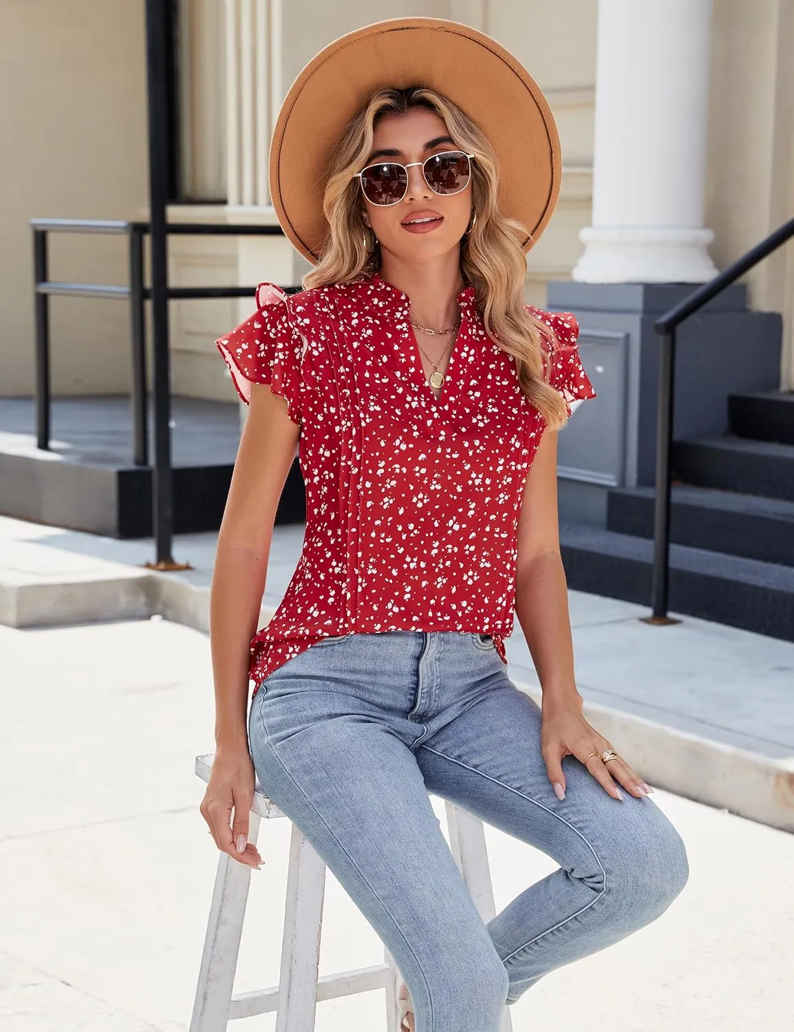 Blooming Jelly Womens Dressy Casual Tops Ruffle Short Sleeve V Neck Shirts Elegant Business Work Blouse