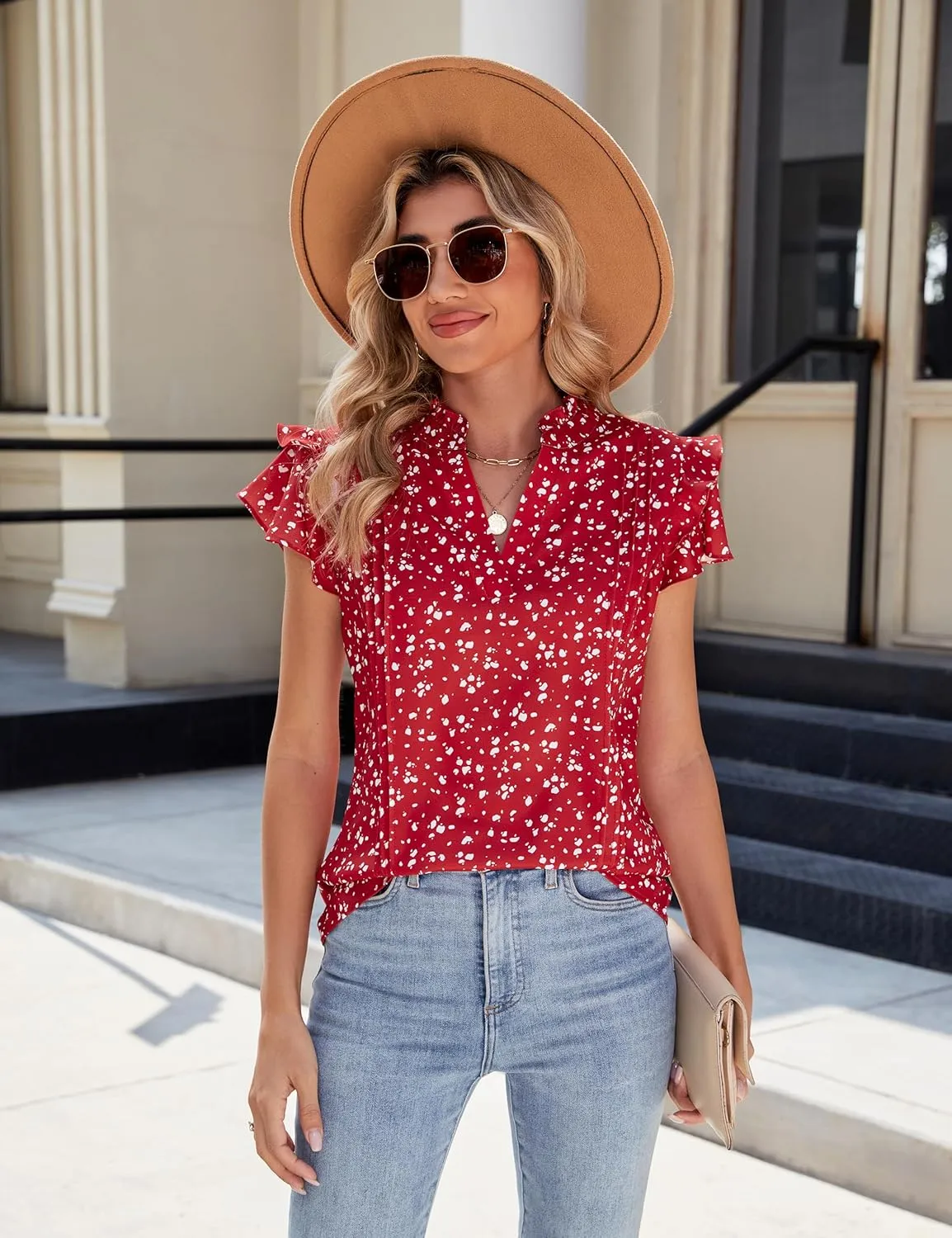 Blooming Jelly Womens Dressy Casual Tops Ruffle Short Sleeve V Neck Shirts Elegant Business Work Blouse