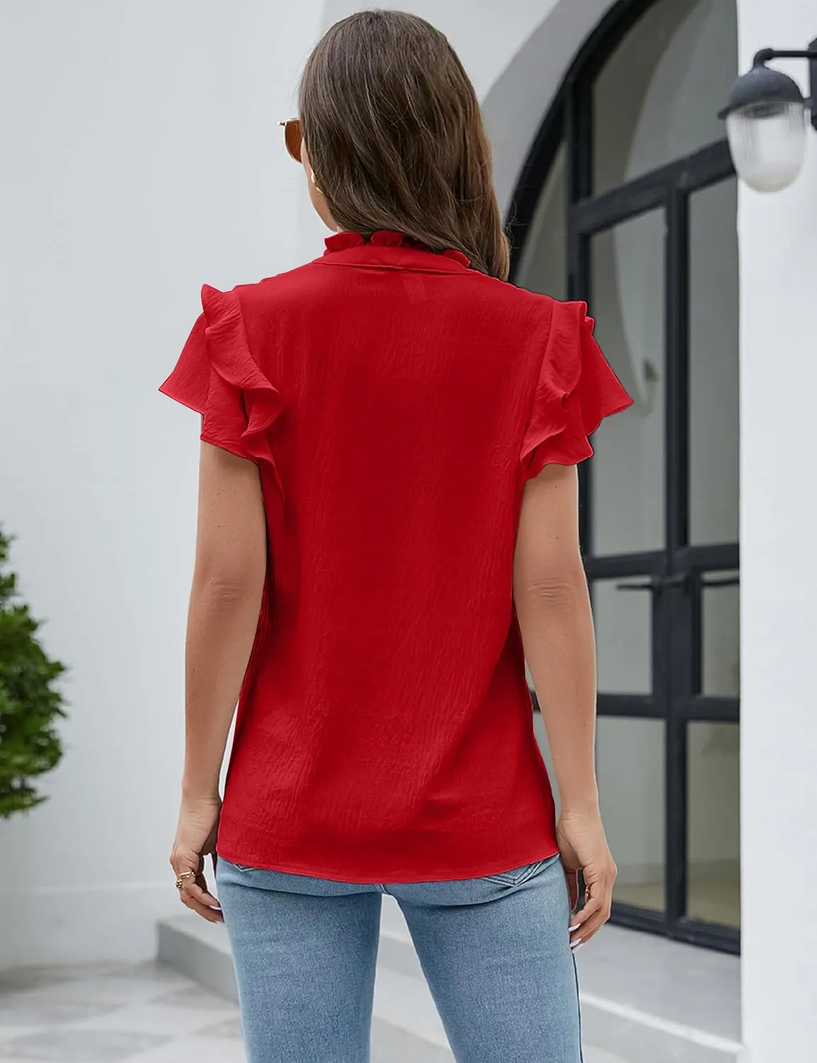 Blooming Jelly Womens Dressy Casual Tops Ruffle Short Sleeve V Neck Shirts Elegant Business Work Blouse