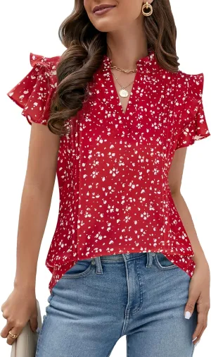 Blooming Jelly Womens Dressy Casual Tops Ruffle Short Sleeve V Neck Shirts Elegant Business Work Blouse