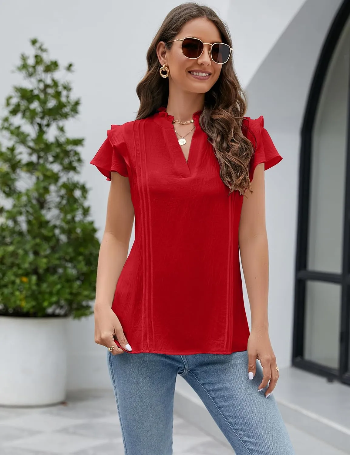 Blooming Jelly Womens Dressy Casual Tops Ruffle Short Sleeve V Neck Shirts Elegant Business Work Blouse