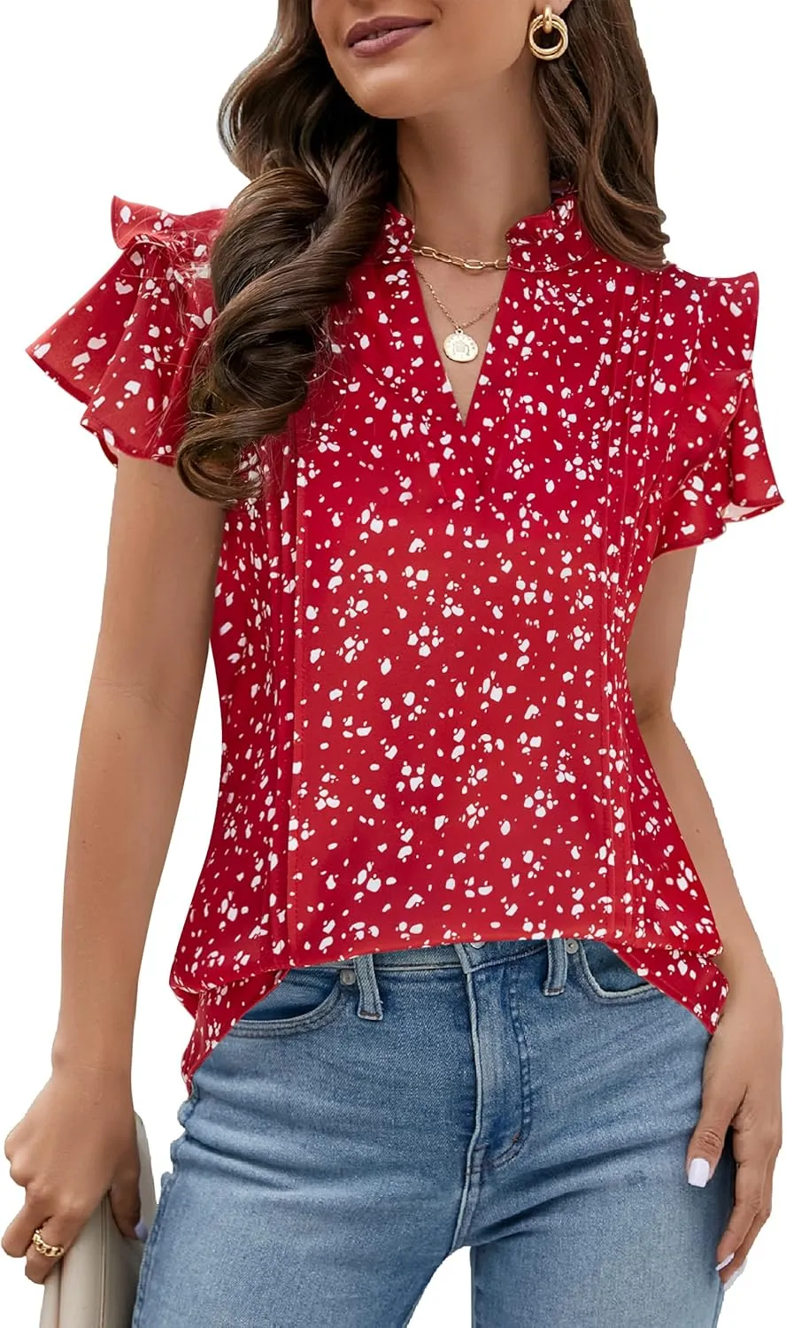 Blooming Jelly Womens Dressy Casual Tops Ruffle Short Sleeve V Neck Shirts Elegant Business Work Blouse
