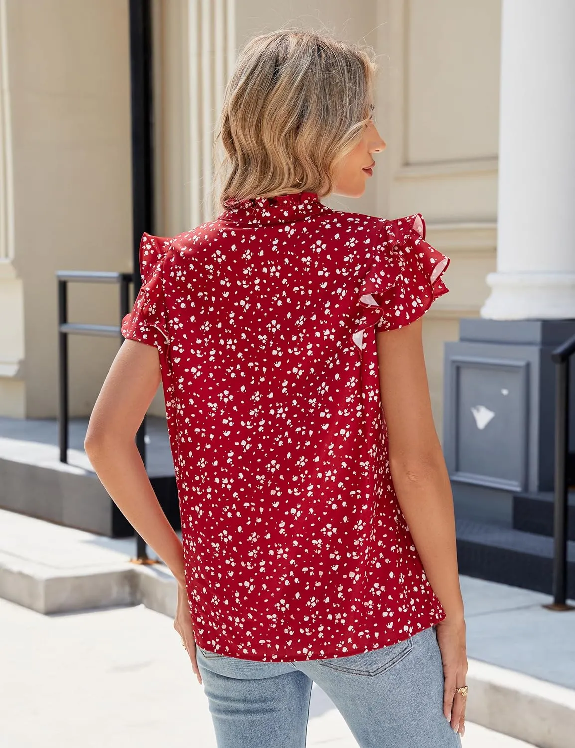 Blooming Jelly Womens Dressy Casual Tops Ruffle Short Sleeve V Neck Shirts Elegant Business Work Blouse
