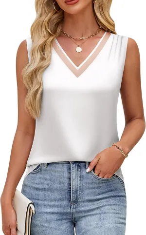 Blooming Jelly Womens Silk Business Dressy Casual Tank Tops Mesh V Neck Sleeveless Summer Blouse Work Pleated Outfits