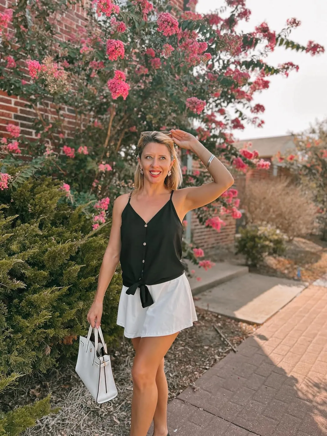 BLUEMING Summer Tank Tops for Women Sleeveless V Neck Button Down Tie Front Spaghetti Strap Camisole Loose Fit Blouse Shirts