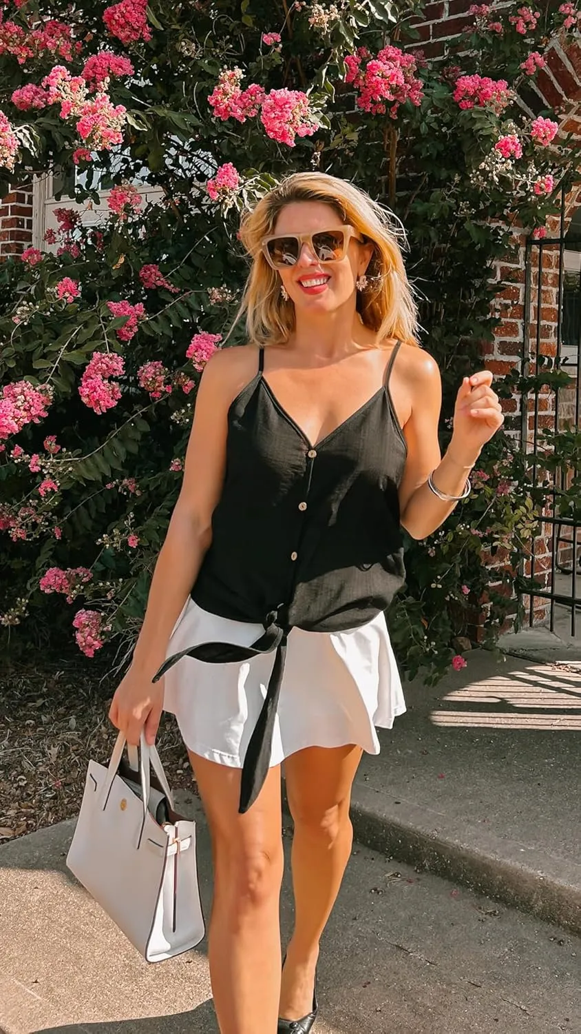 BLUEMING Summer Tank Tops for Women Sleeveless V Neck Button Down Tie Front Spaghetti Strap Camisole Loose Fit Blouse Shirts