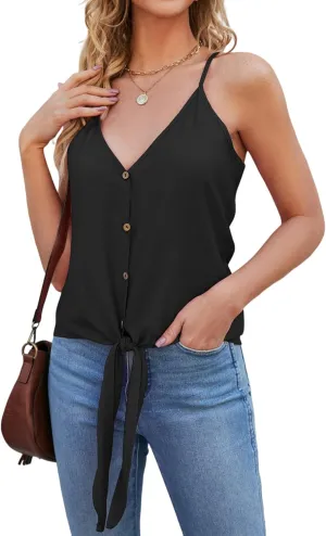 BLUEMING Summer Tank Tops for Women Sleeveless V Neck Button Down Tie Front Spaghetti Strap Camisole Loose Fit Blouse Shirts