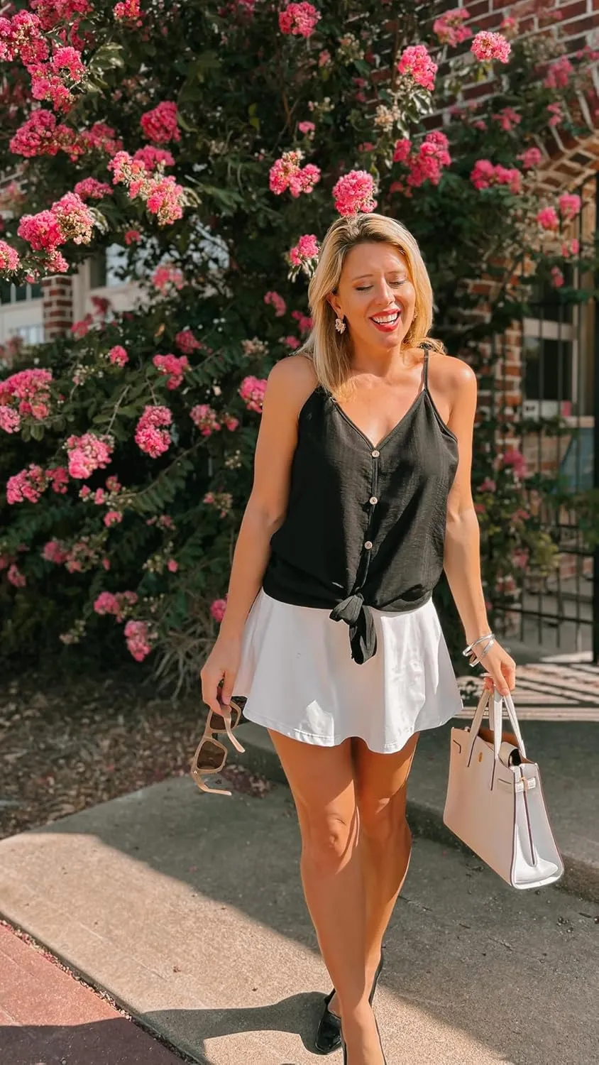 BLUEMING Summer Tank Tops for Women Sleeveless V Neck Button Down Tie Front Spaghetti Strap Camisole Loose Fit Blouse Shirts