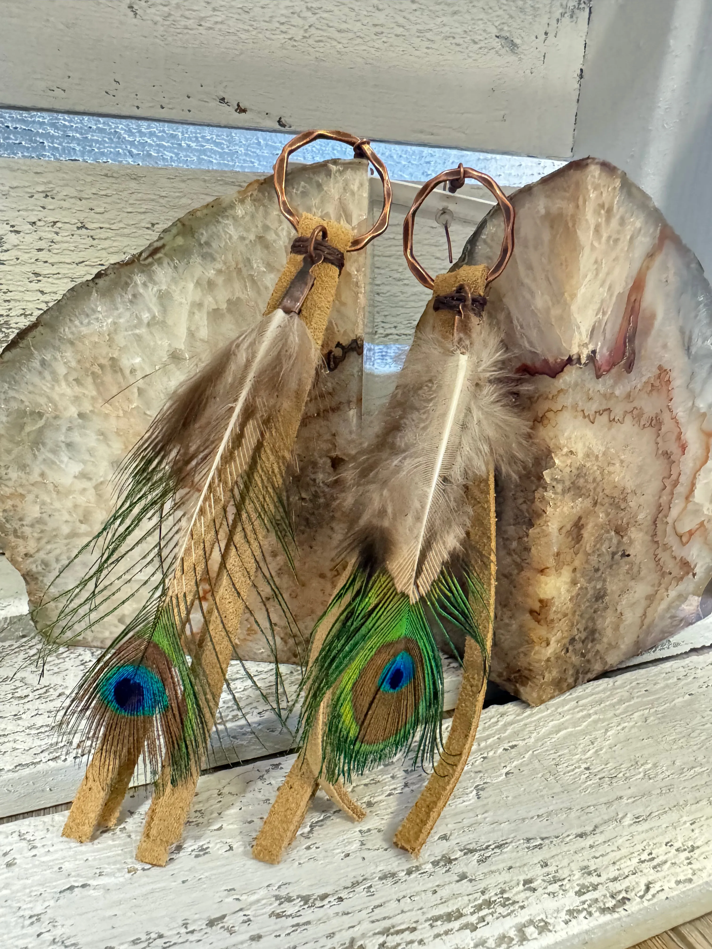 Brown Deer Skin Leather Tassel Earrings with Peacock Feather