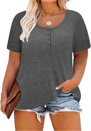 CARCOS Plus Size Tops for Women Button Up Henley Shirts Short Sleeve Summer T-Shirts V/Crewneck Casual Trendy Tunics XL-5XL