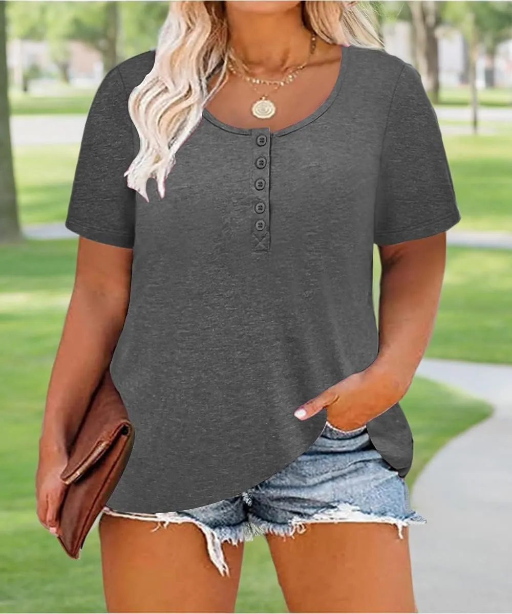 CARCOS Plus Size Tops for Women Button Up Henley Shirts Short Sleeve Summer T-Shirts V/Crewneck Casual Trendy Tunics XL-5XL
