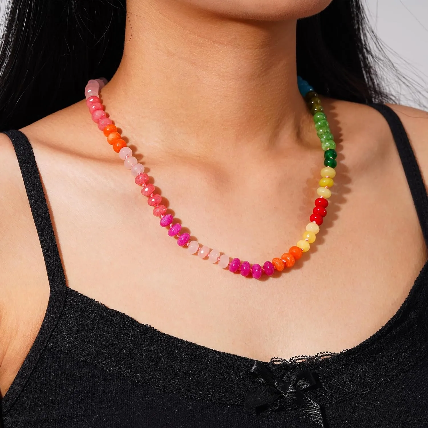 Colorful Beaded Gemstone Necklace for Women, Boho Rainbow Bead Choker with Natural Stone Crystal Beads, Handmade Summer Beach Necklace Jewelry