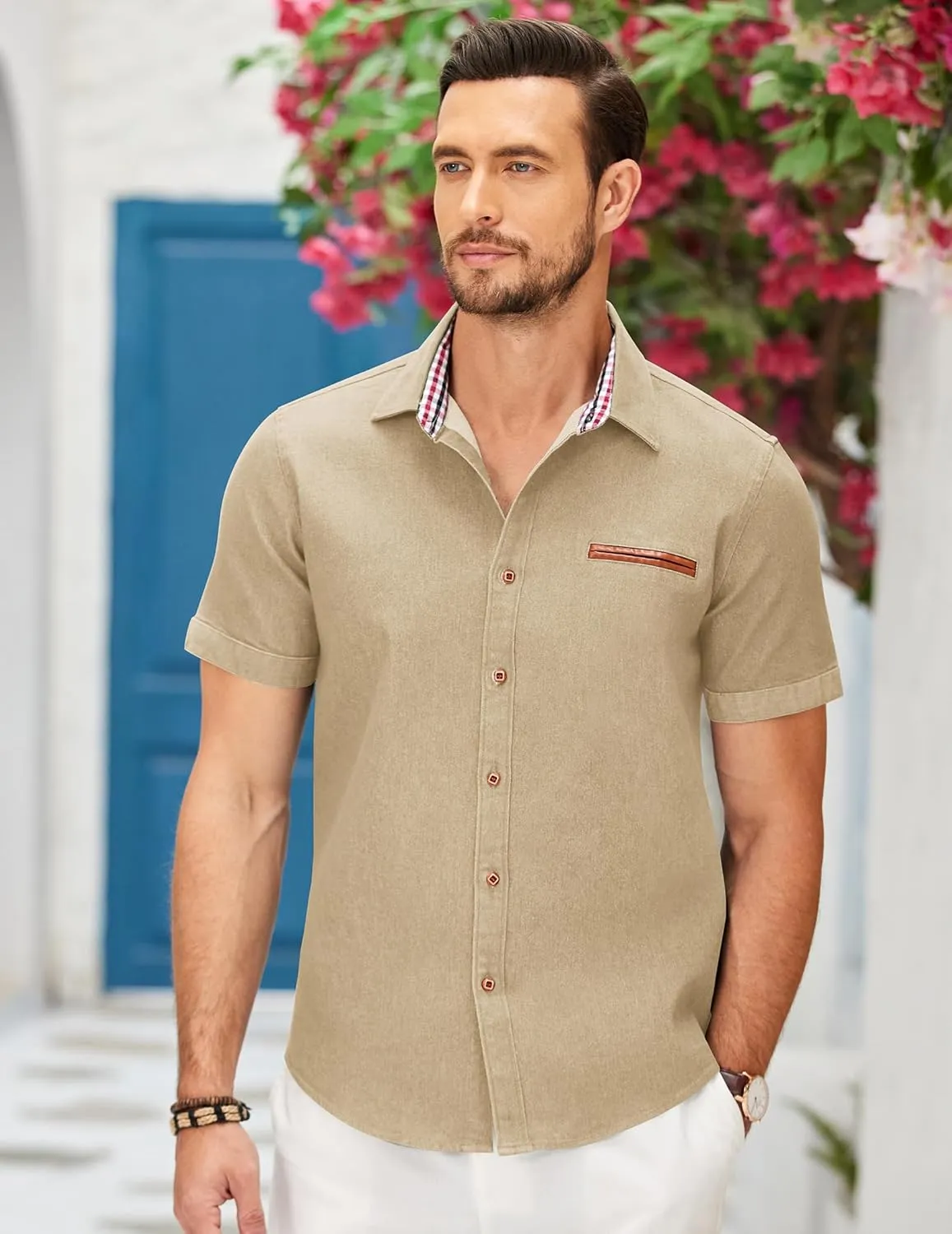 COOFANDY Men's Casual Cotton Short Sleeve Button Down Dress Shirt Plaid Collar Denim Work Shirts