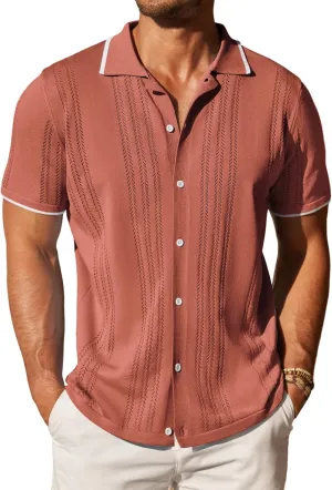 COOFANDY Men's Knit Button Down Shirt Vintage Short Sleeve Polo Shirts Casual Beach Tops