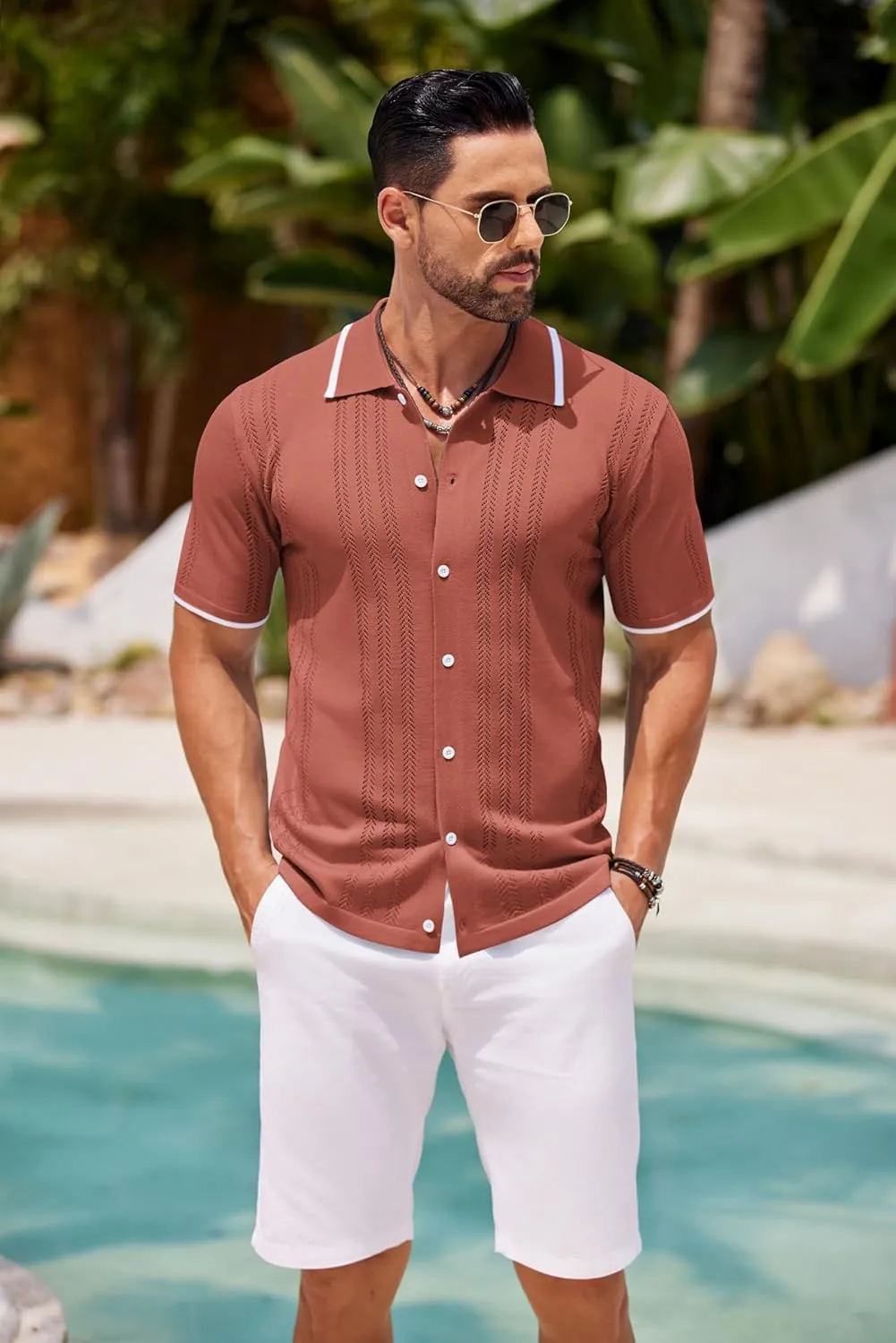 COOFANDY Men's Knit Button Down Shirt Vintage Short Sleeve Polo Shirts Casual Beach Tops