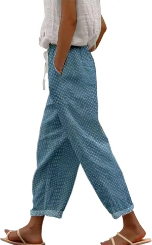 Cotton Linen Pants Women Casual Drawstring Pants Loose Drawstring Elastic Waist Cropped Trouser Womens Leggings