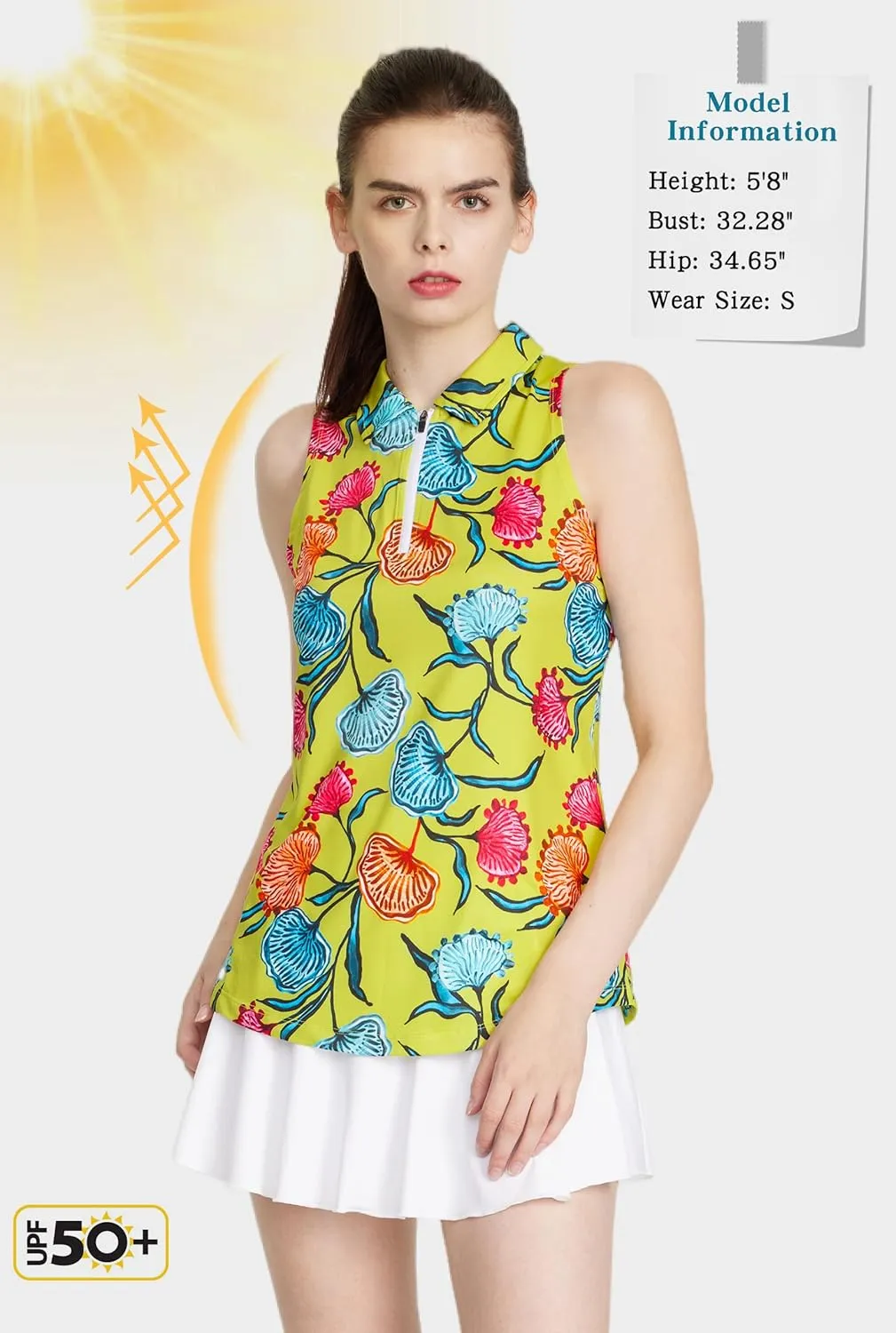 CQC Women's Sleeveless Golf Shirts Quick Dry Floral Athletic Polo with Collar Zip Up Lightweight Tennis Tank Tops