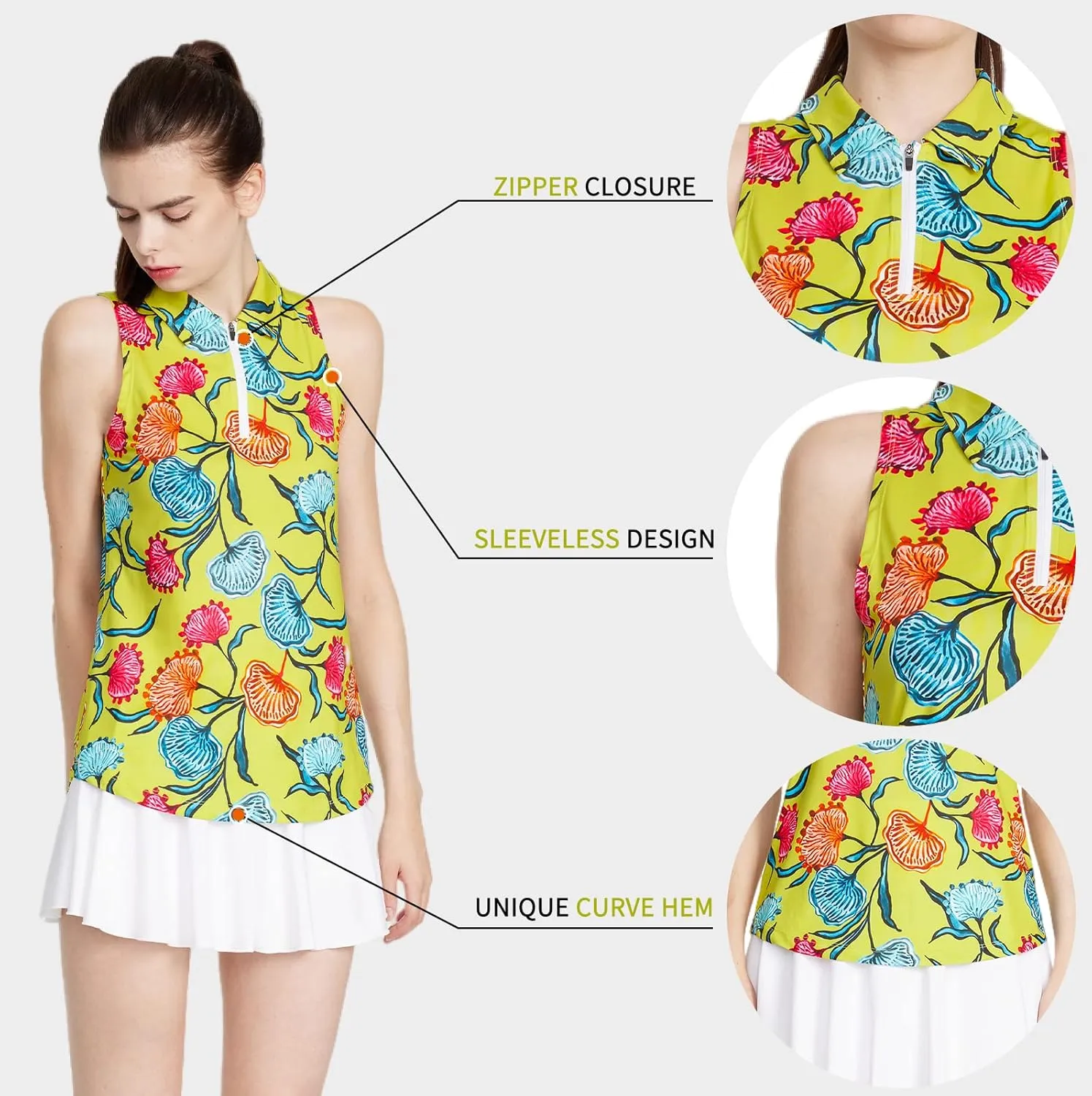 CQC Women's Sleeveless Golf Shirts Quick Dry Floral Athletic Polo with Collar Zip Up Lightweight Tennis Tank Tops
