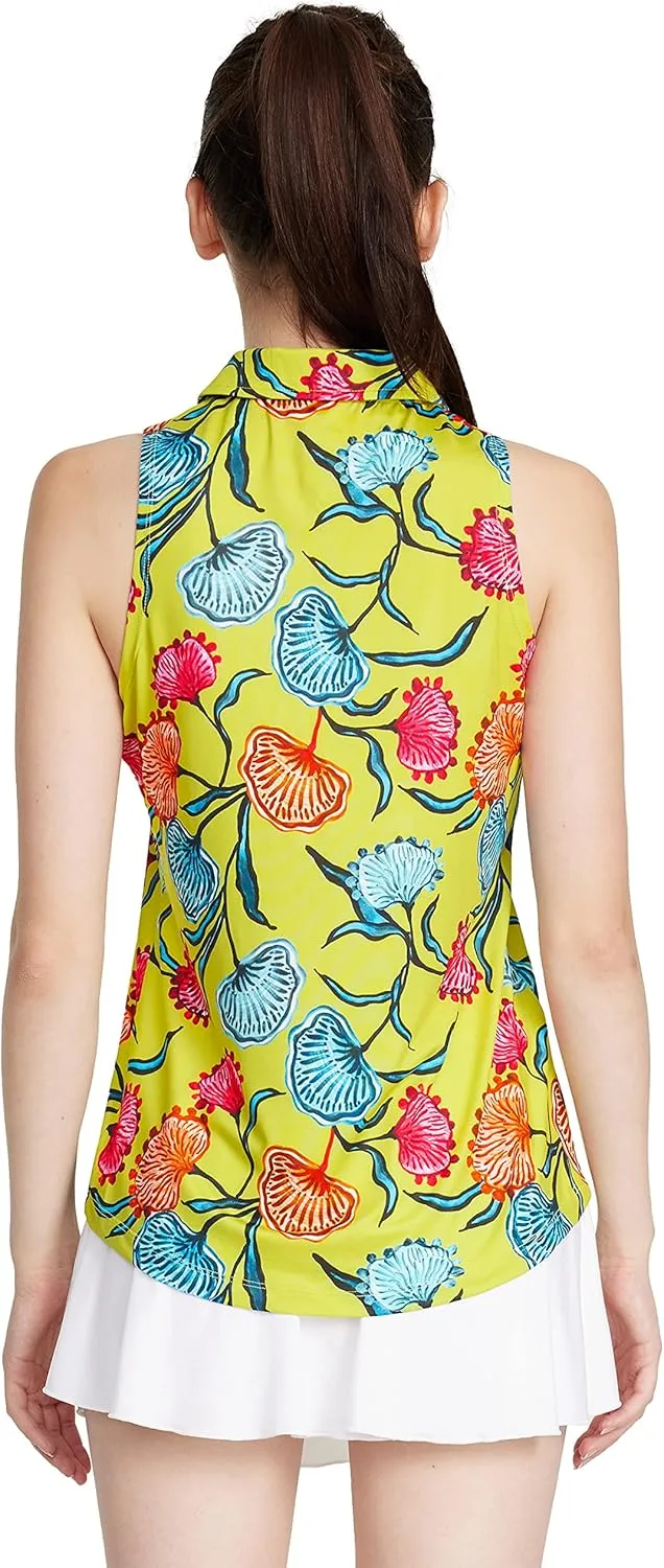 CQC Women's Sleeveless Golf Shirts Quick Dry Floral Athletic Polo with Collar Zip Up Lightweight Tennis Tank Tops