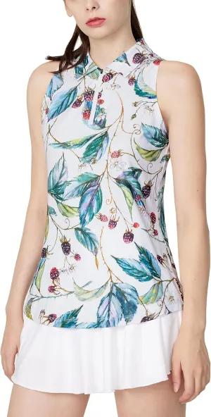 CQC Women's Sleeveless Golf Shirts Quick Dry Floral Athletic Polo with Collar Zip Up Lightweight Tennis Tank Tops