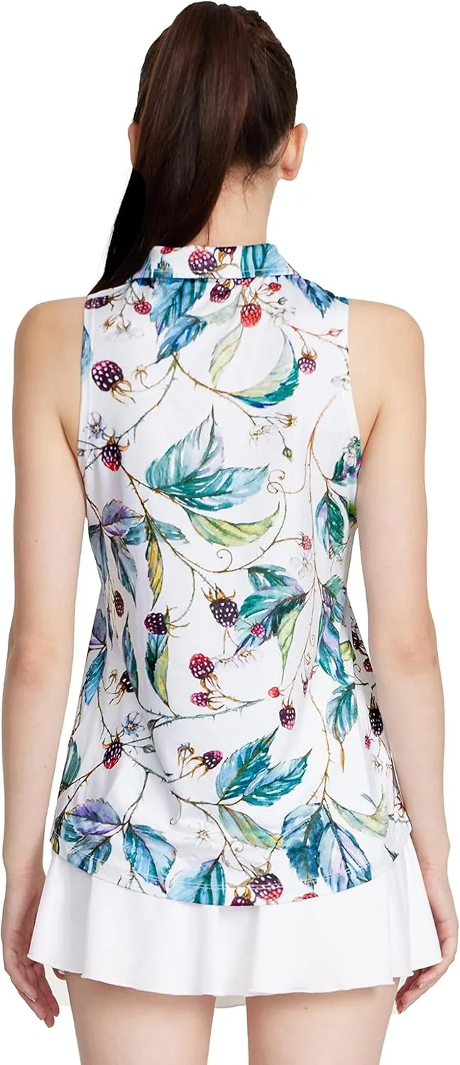 CQC Women's Sleeveless Golf Shirts Quick Dry Floral Athletic Polo with Collar Zip Up Lightweight Tennis Tank Tops