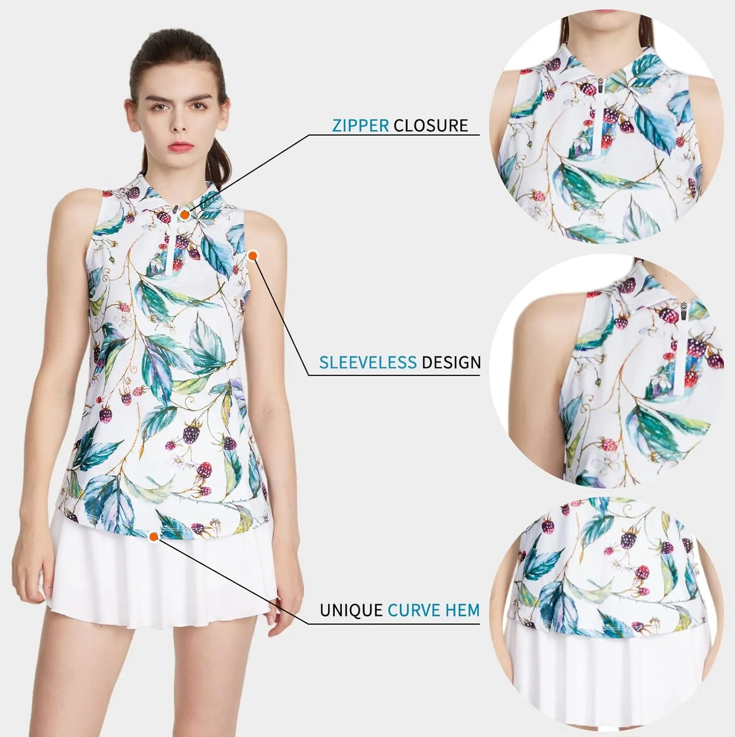 CQC Women's Sleeveless Golf Shirts Quick Dry Floral Athletic Polo with Collar Zip Up Lightweight Tennis Tank Tops