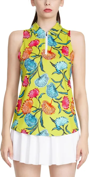 CQC Women's Sleeveless Golf Shirts Quick Dry Floral Athletic Polo with Collar Zip Up Lightweight Tennis Tank Tops