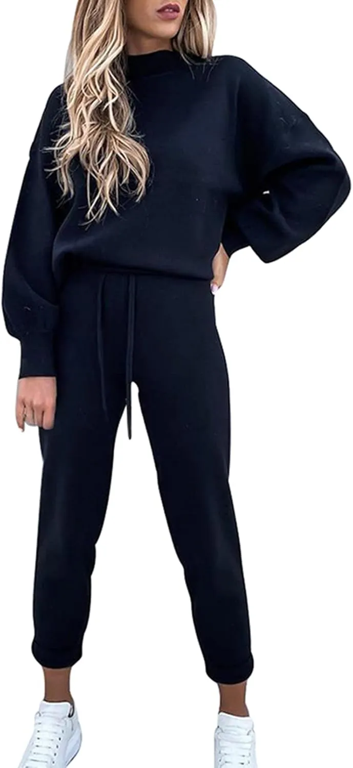 Cutiefox Women's 2 Piece Sweatsuit Outfits Lantern Sleeve Pullover Tops and High Waist Jogger Pants Lounge Sets