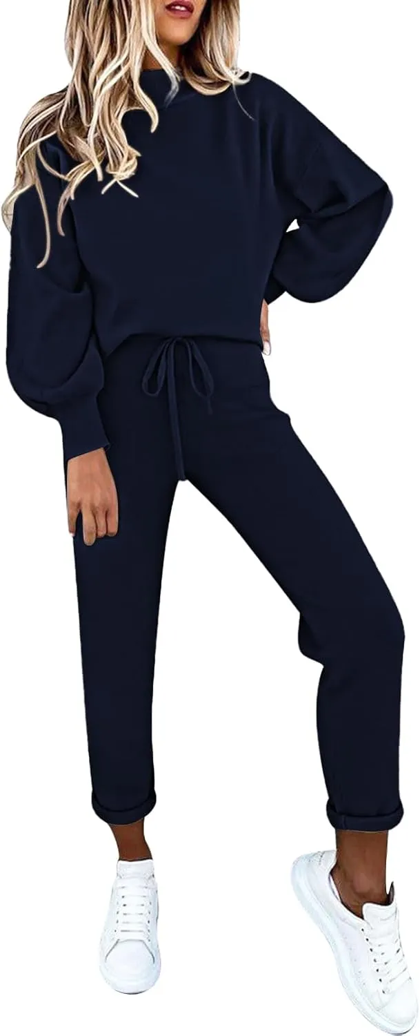 Cutiefox Women's 2 Piece Sweatsuit Outfits Lantern Sleeve Pullover Tops and High Waist Jogger Pants Lounge Sets