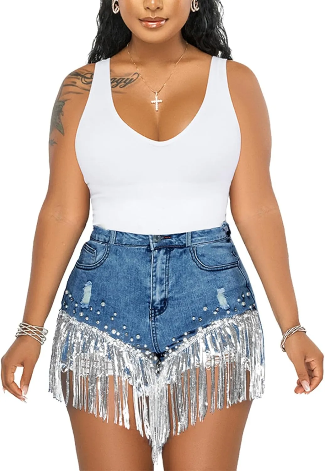 Cyparel Women Summer Denim Shorts High Waisted Ripped Rhinestone Pearl Beaded Fringe Tassels Frayed Raw Hem Blue Jean Shorts