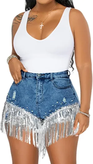 Cyparel Women Summer Denim Shorts High Waisted Ripped Rhinestone Pearl Beaded Fringe Tassels Frayed Raw Hem Blue Jean Shorts