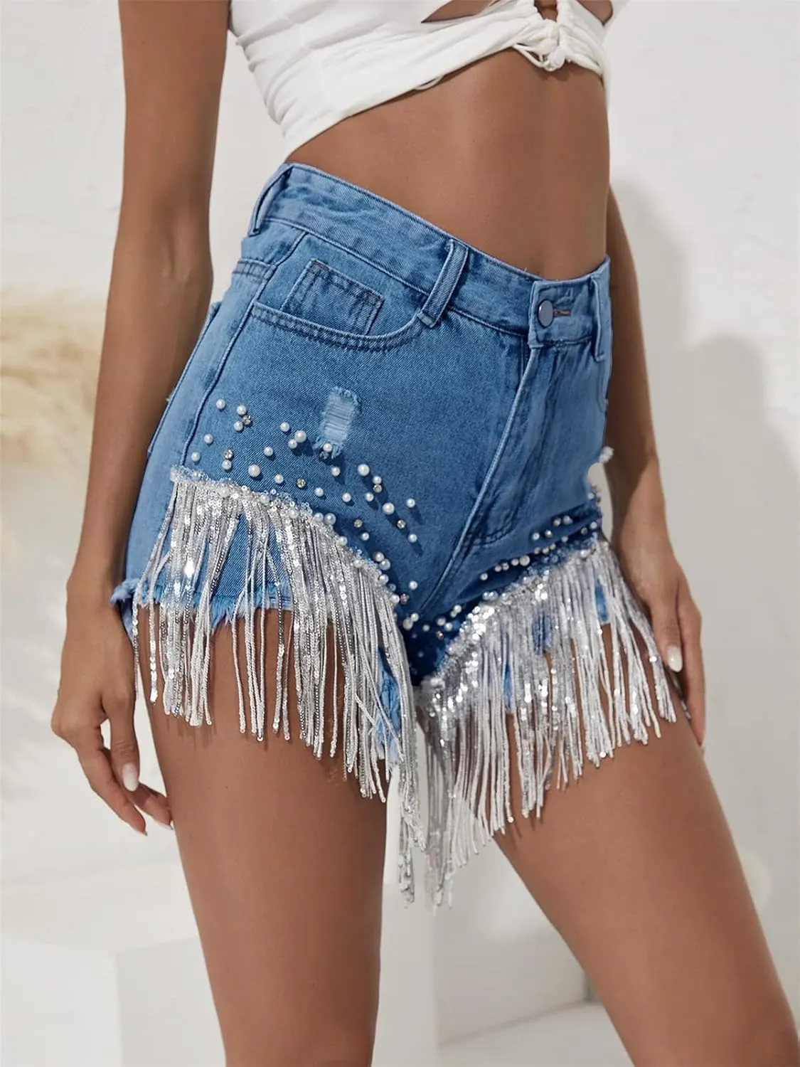 Cyparel Women Summer Denim Shorts High Waisted Ripped Rhinestone Pearl Beaded Fringe Tassels Frayed Raw Hem Blue Jean Shorts