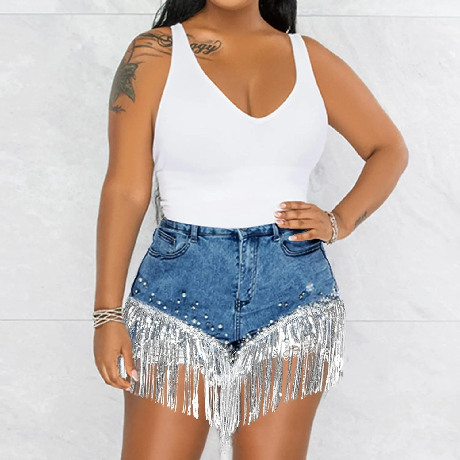Cyparel Women Summer Denim Shorts High Waisted Ripped Rhinestone Pearl Beaded Fringe Tassels Frayed Raw Hem Blue Jean Shorts