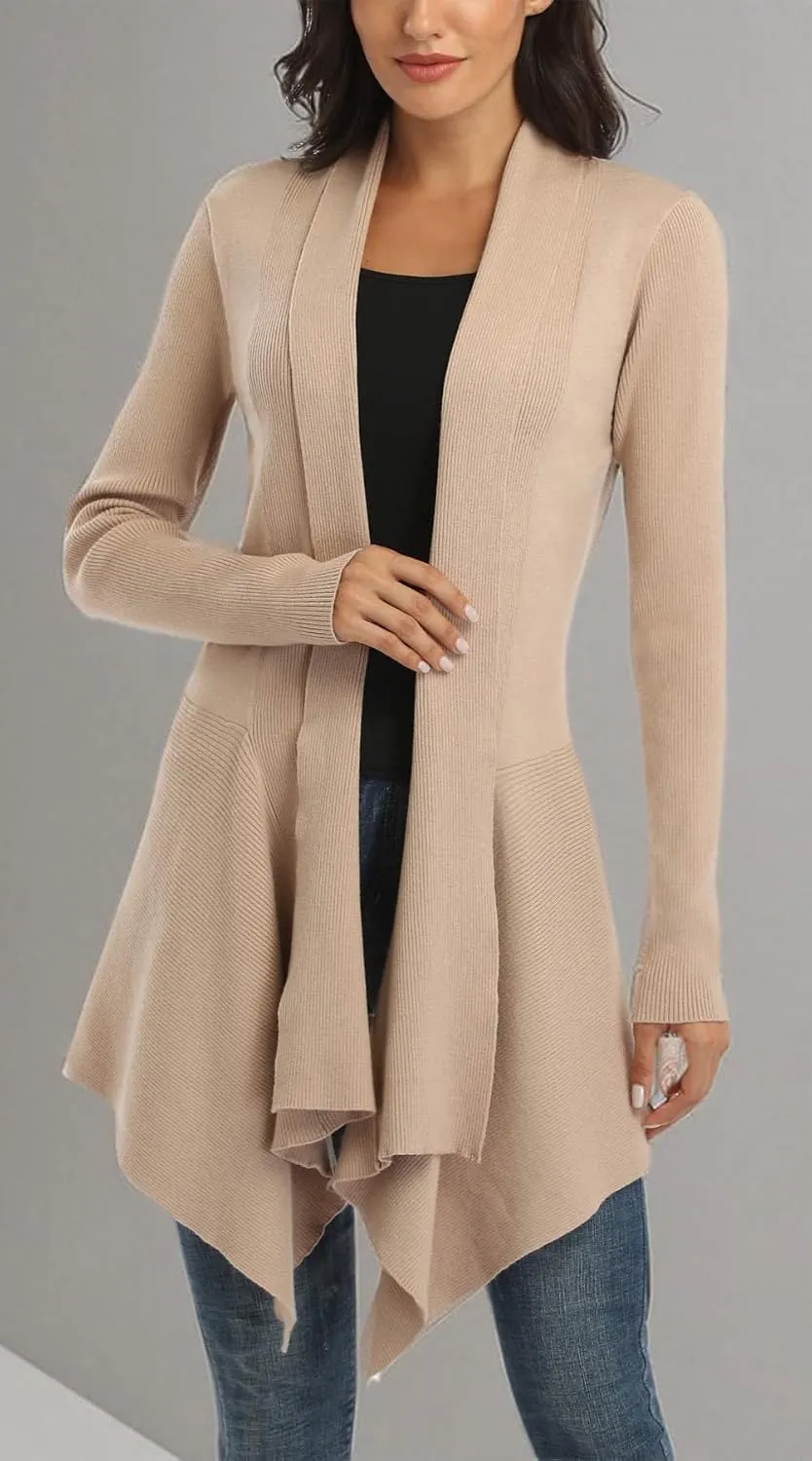 Dilgul Women Open Front Ribbed Drape Long Sleeve Cascading Cardigan Sweater
