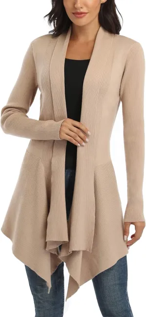 Dilgul Women Open Front Ribbed Drape Long Sleeve Cascading Cardigan Sweater