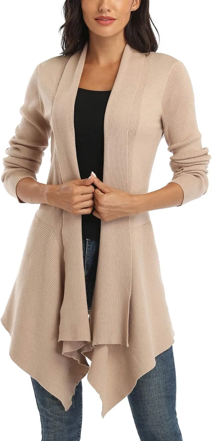 Dilgul Women Open Front Ribbed Drape Long Sleeve Cascading Cardigan Sweater