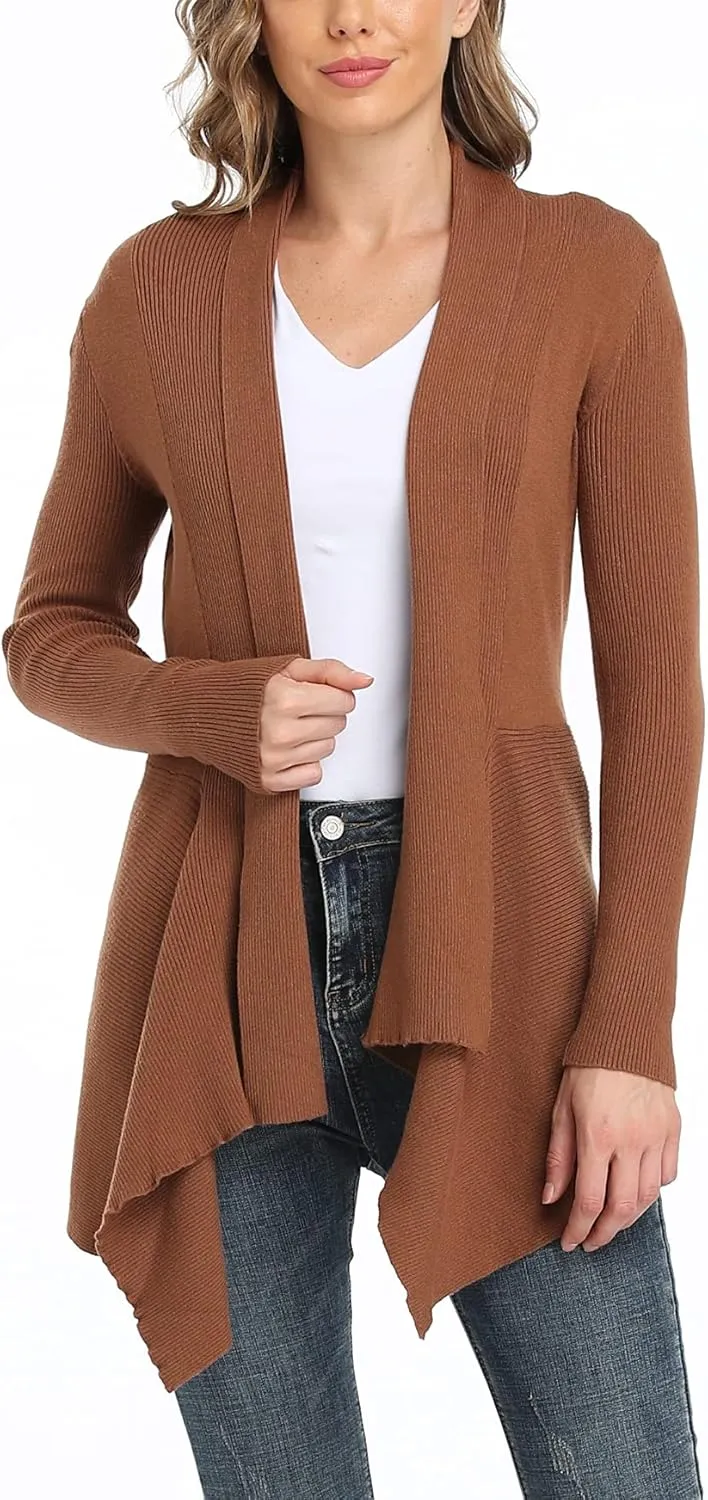 Dilgul Women Open Front Ribbed Drape Long Sleeve Cascading Cardigan Sweater