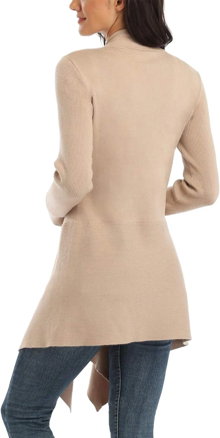 Dilgul Women Open Front Ribbed Drape Long Sleeve Cascading Cardigan Sweater