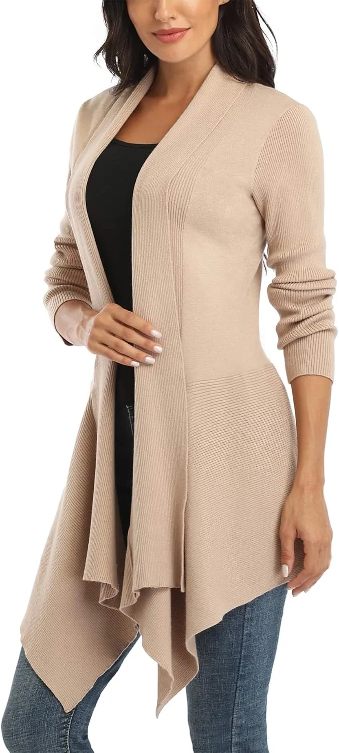 Dilgul Women Open Front Ribbed Drape Long Sleeve Cascading Cardigan Sweater