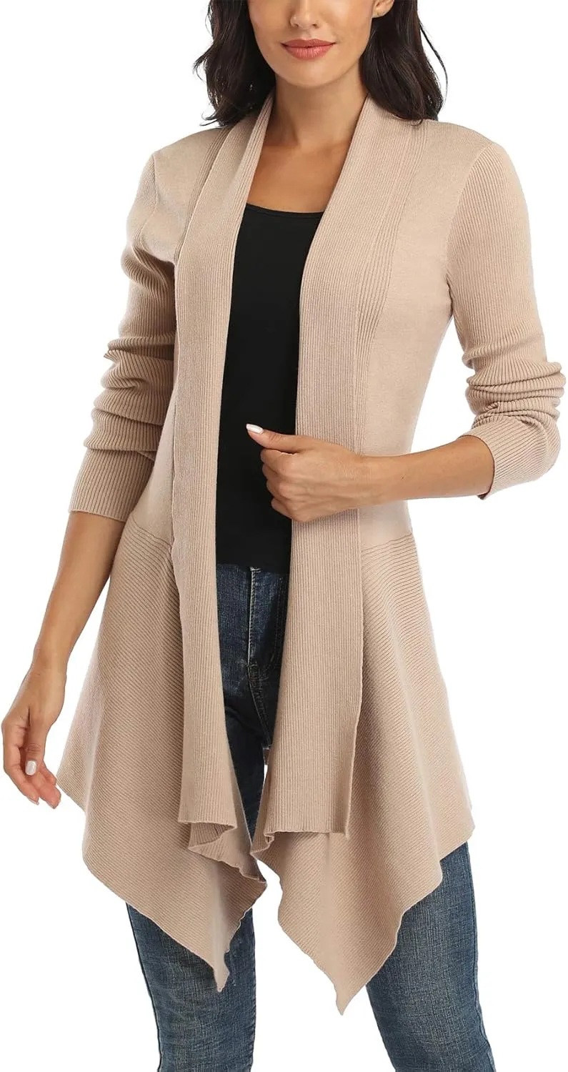 Dilgul Women Open Front Ribbed Drape Long Sleeve Cascading Cardigan Sweater