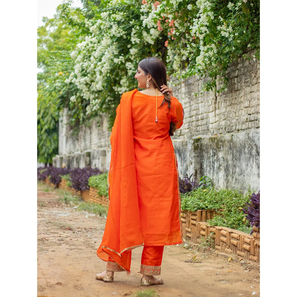 DIMPLE DESIGN STUDIO Orange Gold Chanderi Suit (Set of 3)