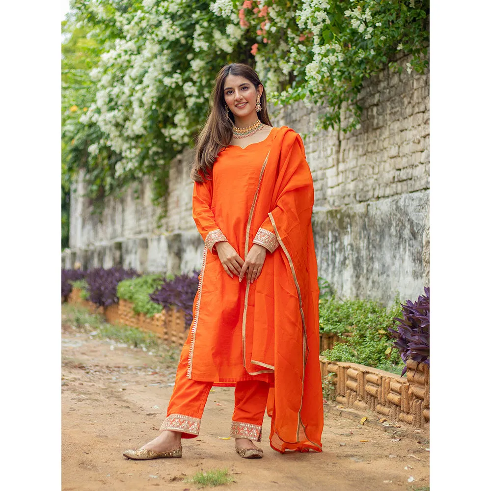 DIMPLE DESIGN STUDIO Orange Gold Chanderi Suit (Set of 3)