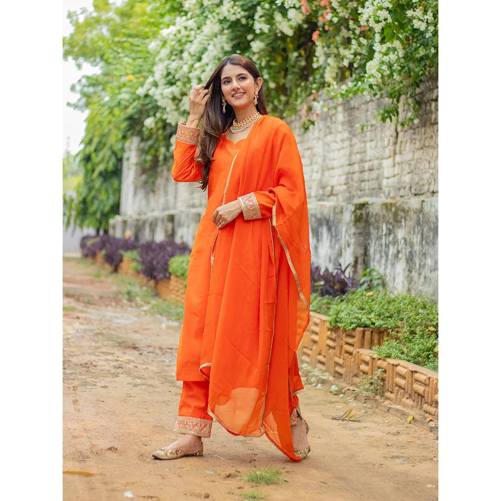 DIMPLE DESIGN STUDIO Orange Gold Chanderi Suit (Set of 3)