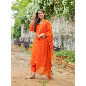 DIMPLE DESIGN STUDIO Orange Gold Chanderi Suit (Set of 3)