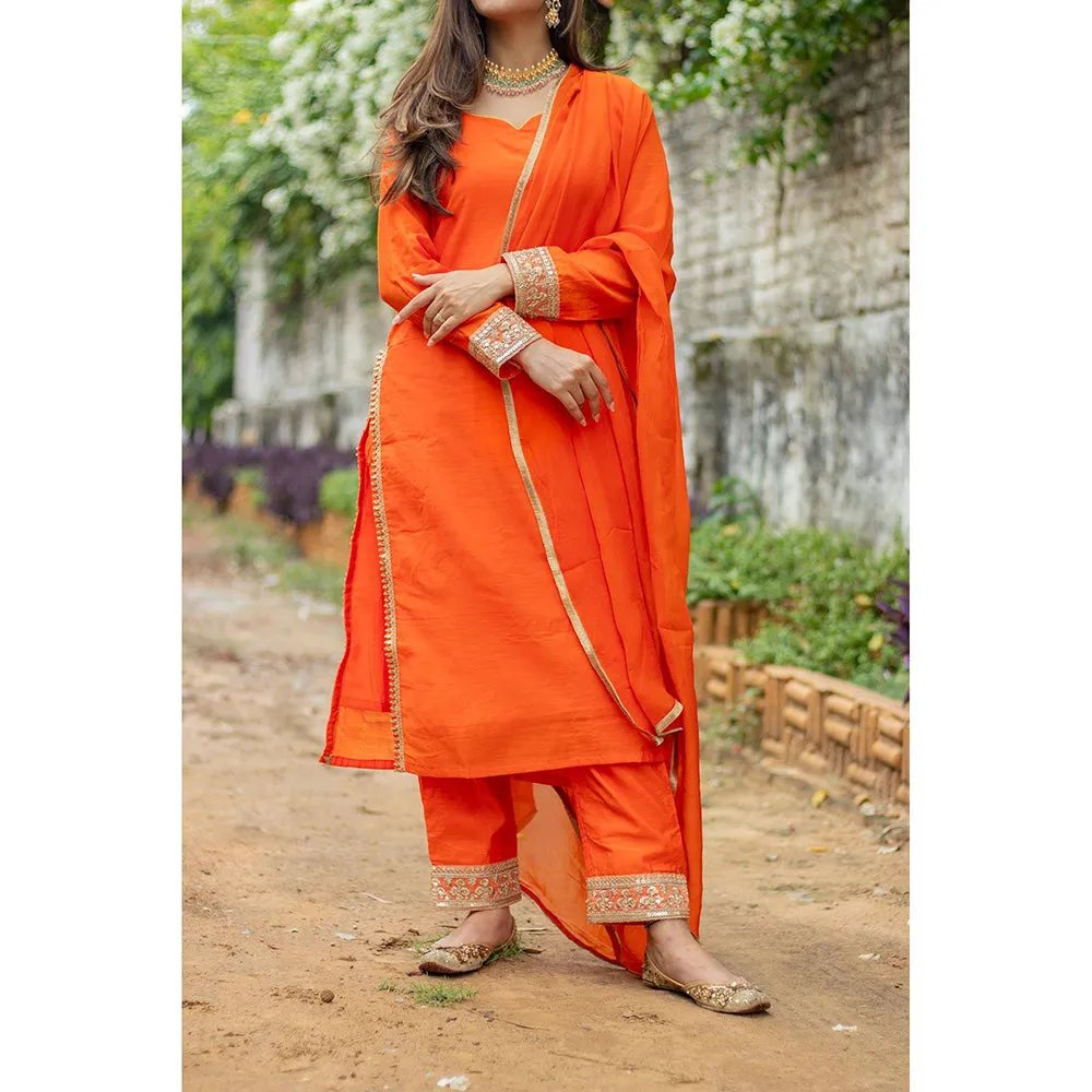 DIMPLE DESIGN STUDIO Orange Gold Chanderi Suit (Set of 3)