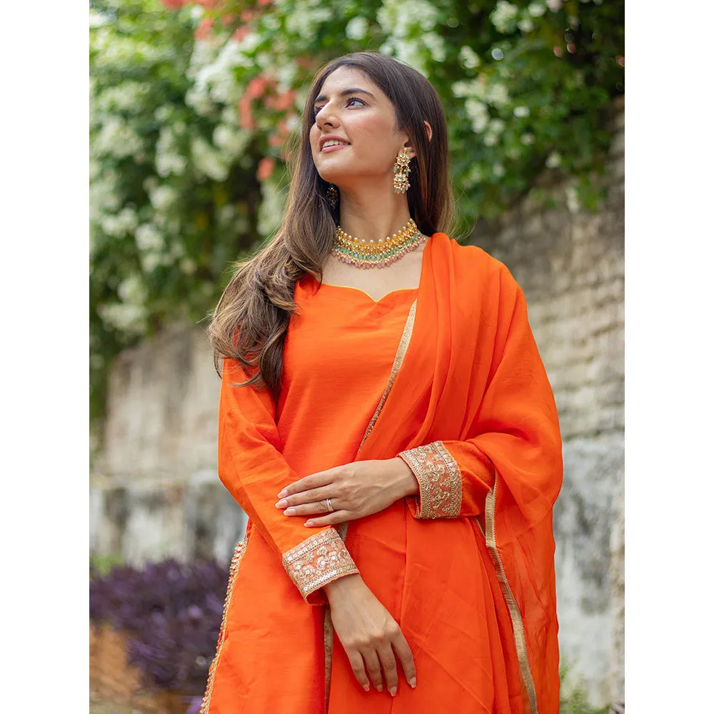 DIMPLE DESIGN STUDIO Orange Gold Chanderi Suit (Set of 3)