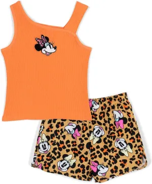 Disney Minnie Mouse Girls Ribbed Tank Top and French Terry Shorts Outfit Set Toddler to Big Kid Sizes (2T - 14-16)