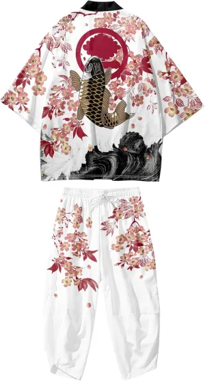 DOSLAVIDA Men's Japanese Kimono Jacket Set Stylish Open Front Coat With Shorts Chinese Style Printed Cardigan Suits